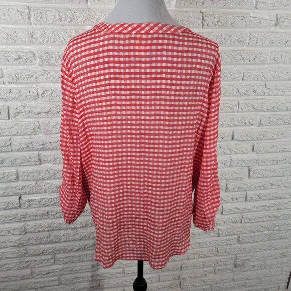 Ruby Rd Women Top 1X Plus Tunic Red Gingham Check Semi Sheer Pintuck PLA27E - Picture 6 of 9